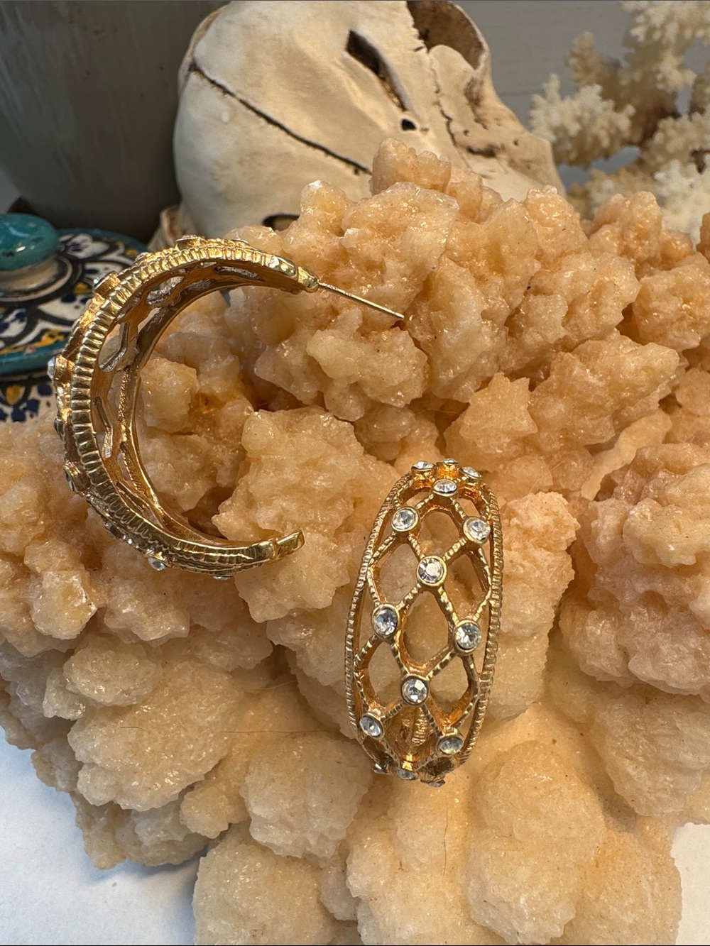 Vintage Signed BUTLER Gold Plated Openwork Lattice Rhinestone Semi Hoop Earrings